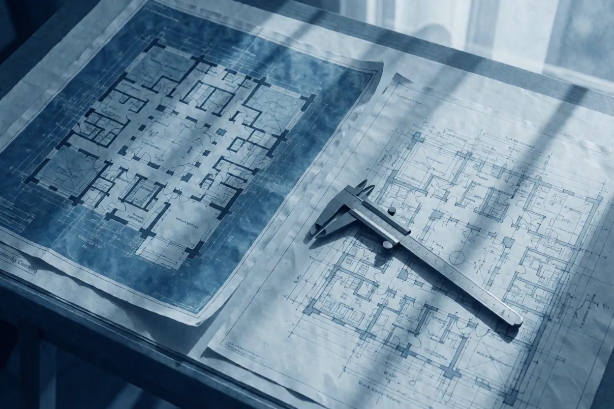 Technical blueprints and calipers